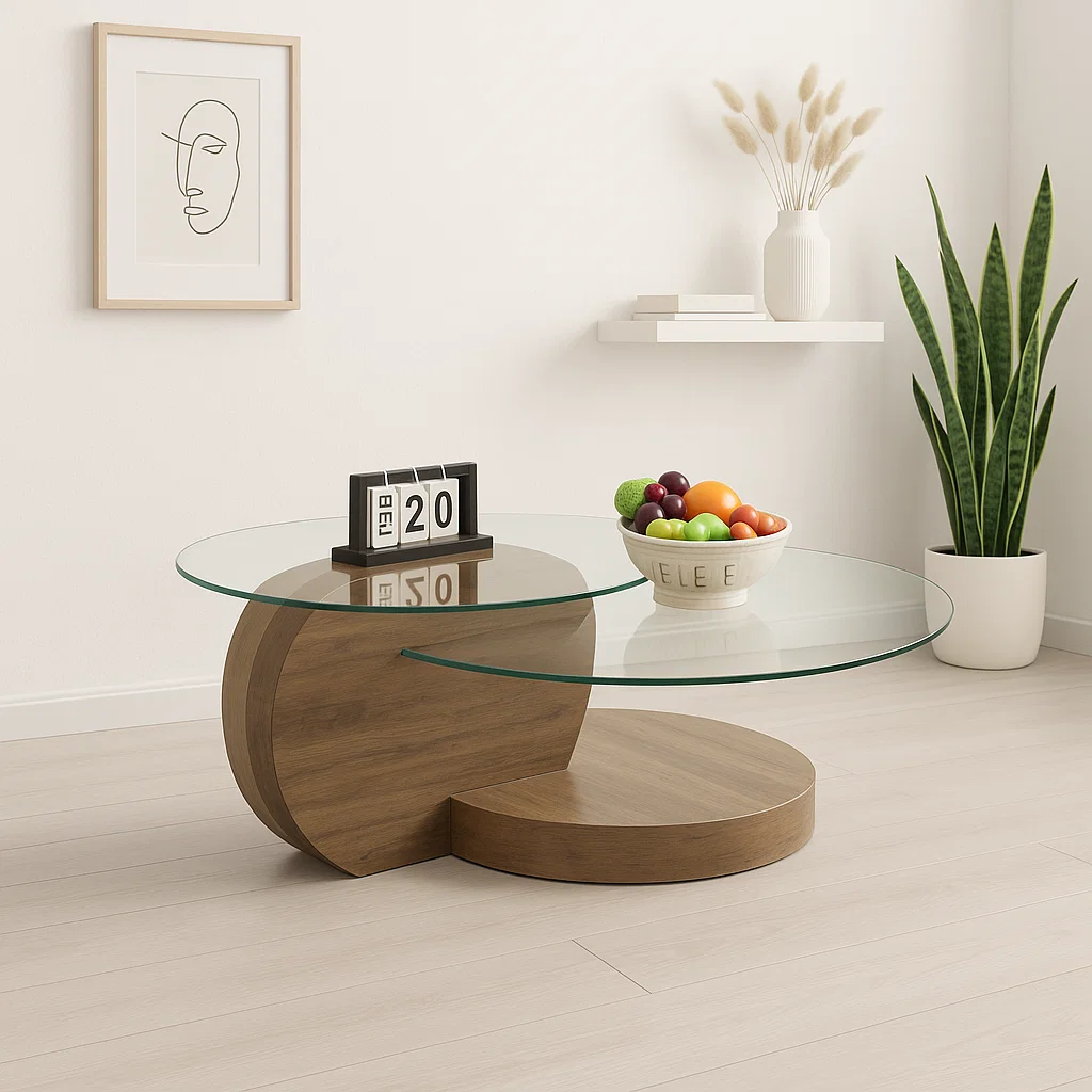 Mesa de Centro DuoGlass con Bases de Madera y Superficie de Vidrio