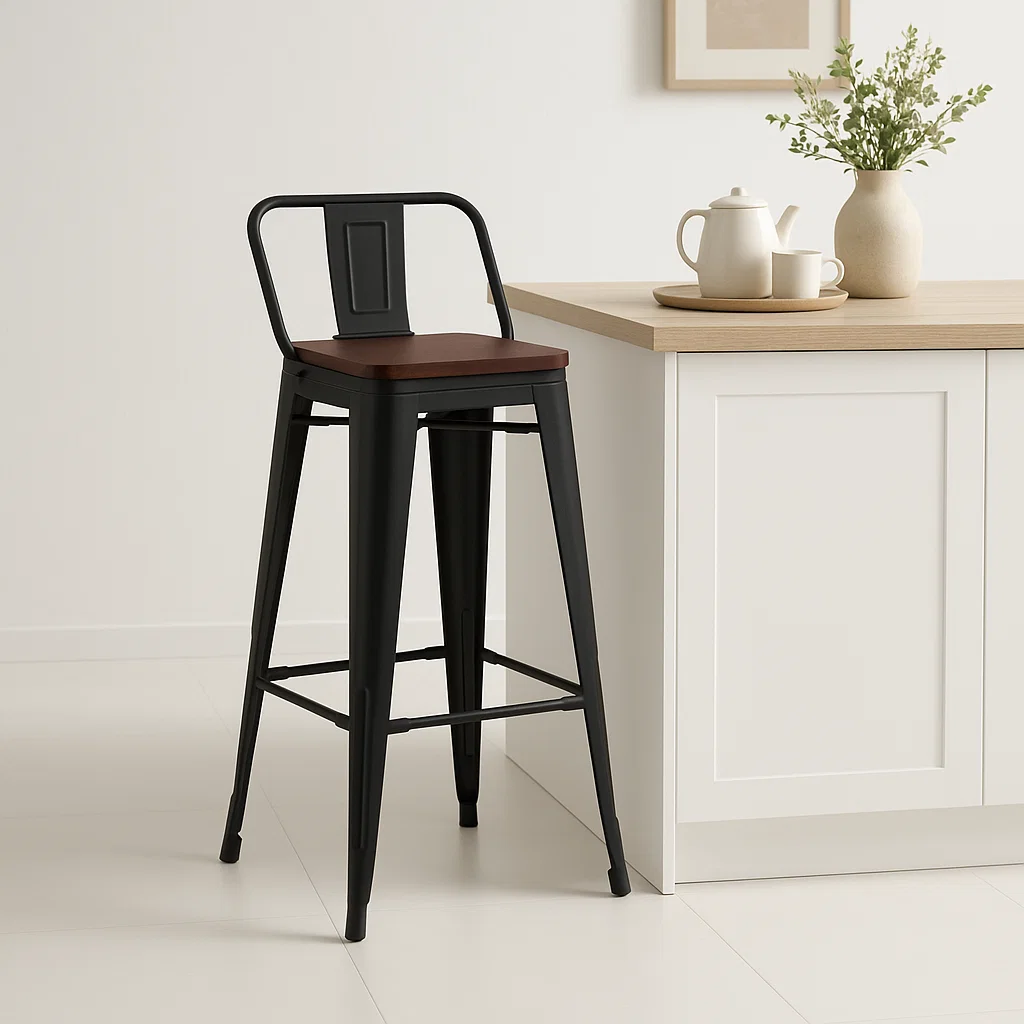 Taburete Tolix Alto 77 cms con Asiento de Madera Oscura - Negro