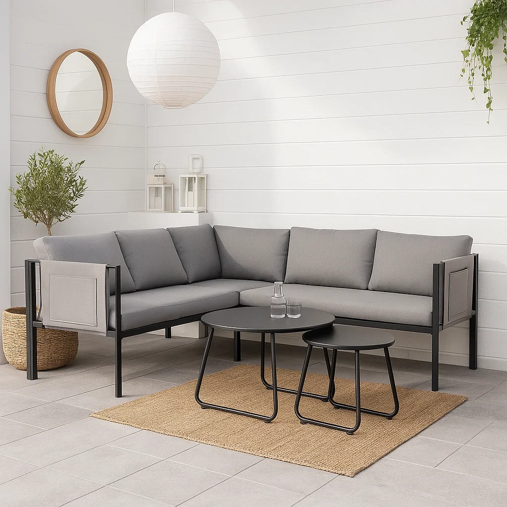 Juego de Terraza Soho 3 Sofás Esquineros Grises y 2 Mesas de Centro