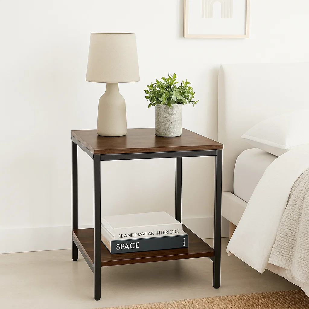 Mesa Auxiliar Lateral de 2 Niveles - Madera Oscura