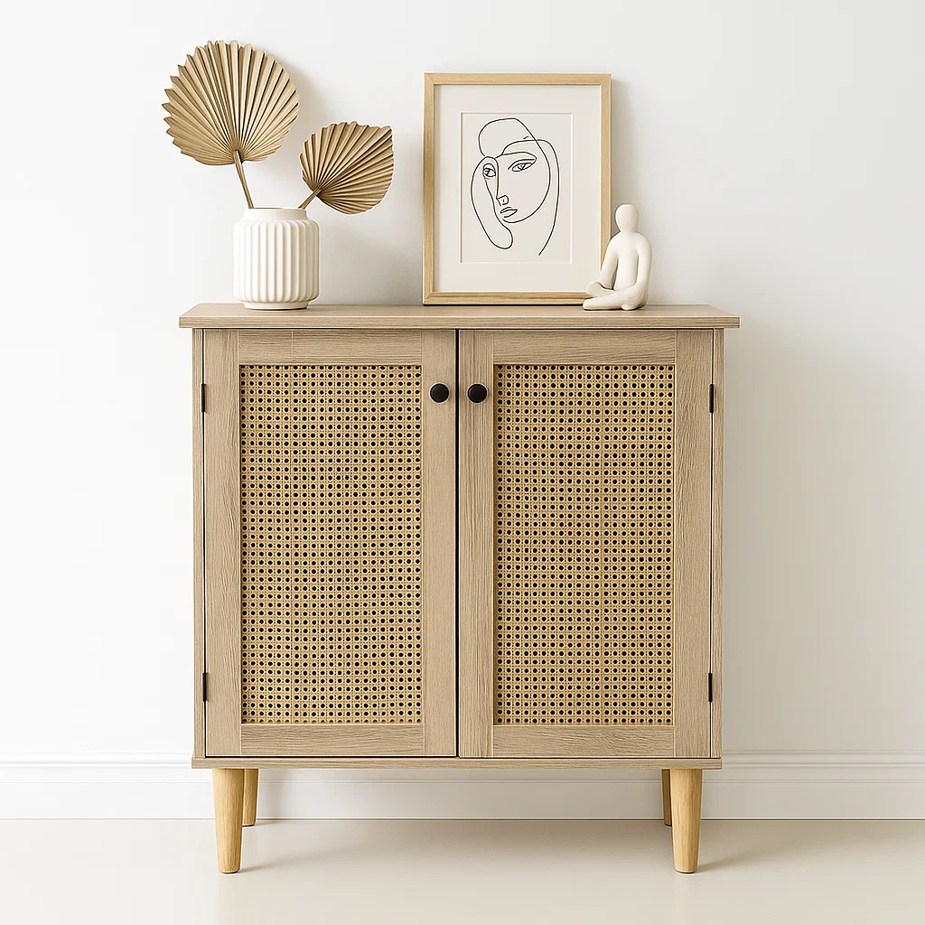 Cómoda 2 Puertas con Rattan - Madera Clara