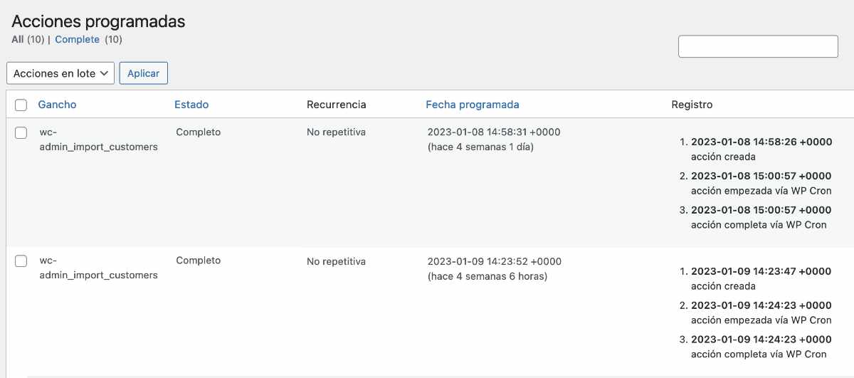 Pantalla de acciones programadas en WooCommerce