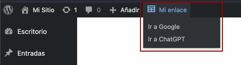 Administración WordPress agregar enlace top bar