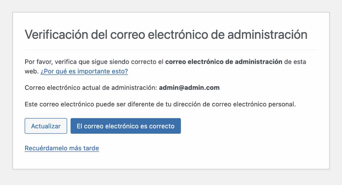 Deshabilitar verificación del correo electrónico de administración
