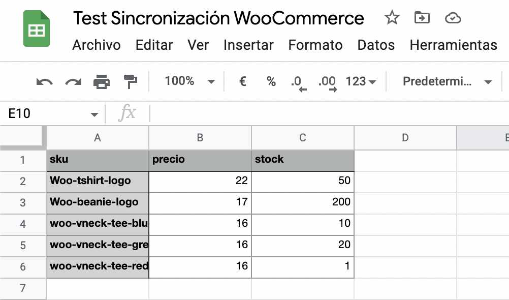 datos de stock y precio en Google Sheets