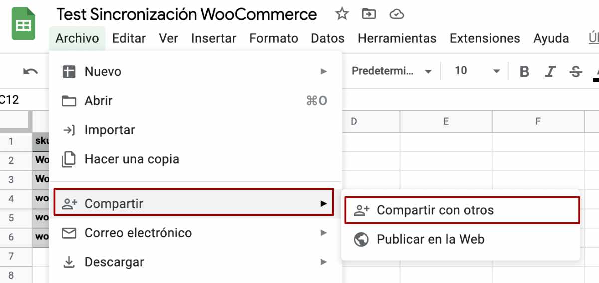 Google Sheets opción compartir