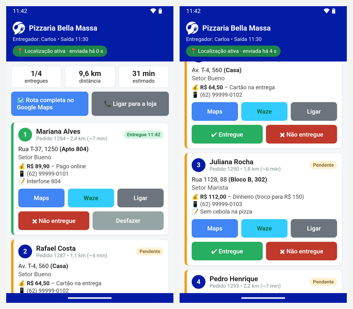 App LadFood Entregador com a rota e as paradas