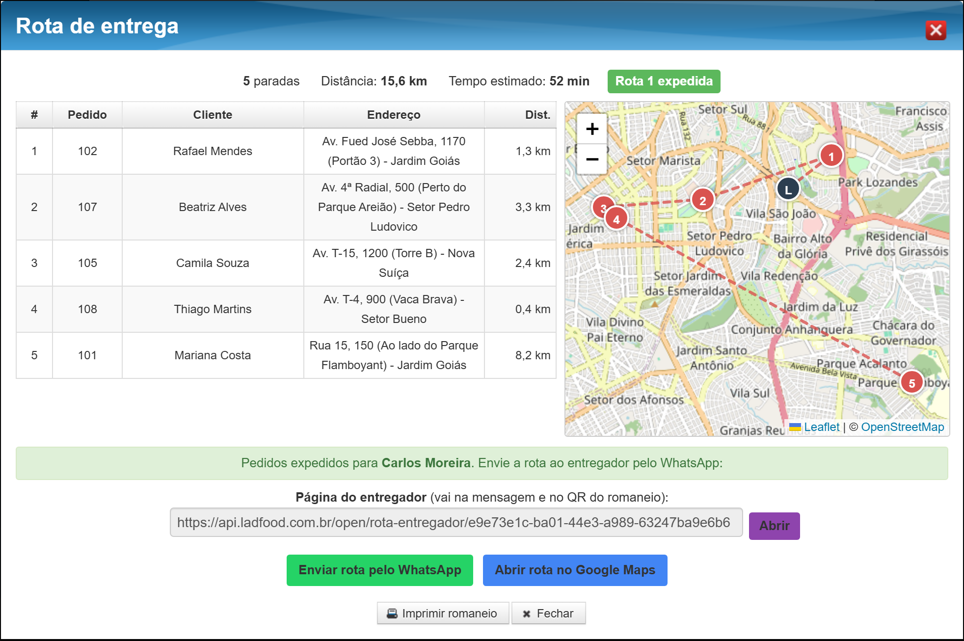 Rota expedida com os botões de WhatsApp, Google Maps e romaneio