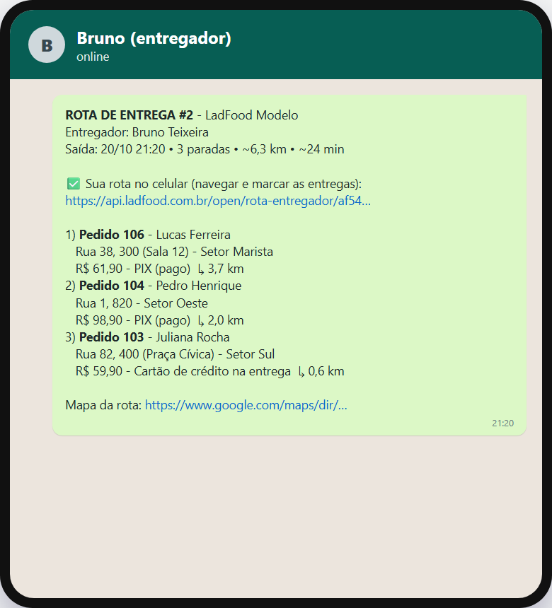 Mensagem de rota de entrega recebida pelo entregador no WhatsApp