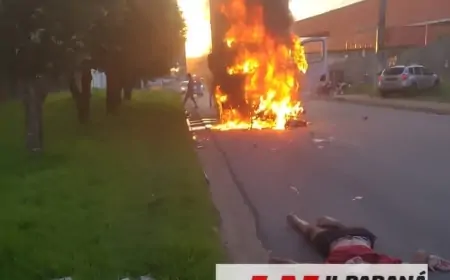 Em grave acidente caminhão e motocicleta são incendiados e deixa uma vítima fatal