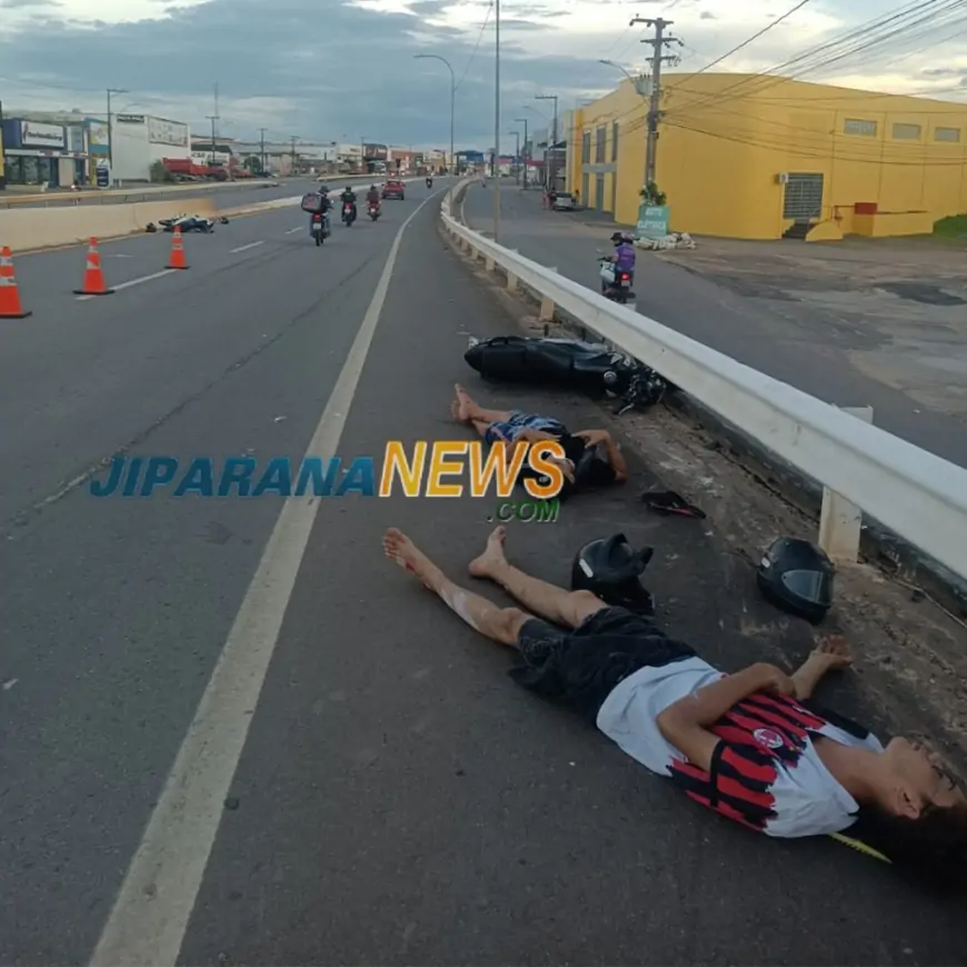 Condutor de Biz é encaminhado ao Hospital Municipal de JI-Paraná após sofrer colisão sobre o Viaduto