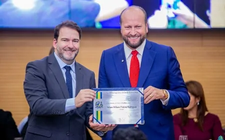 Presidente da Assembleia Legislativa Alex Redano, entrega medalha do Mérito Legislativo a Nelson Willians em reconhecimento à sua contribuição para Rondônia