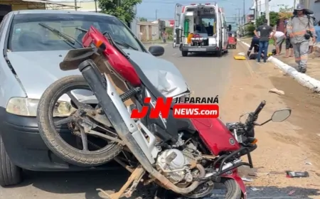 Batida entre carro e moto chama atenção na K-5, em Ji-Paraná