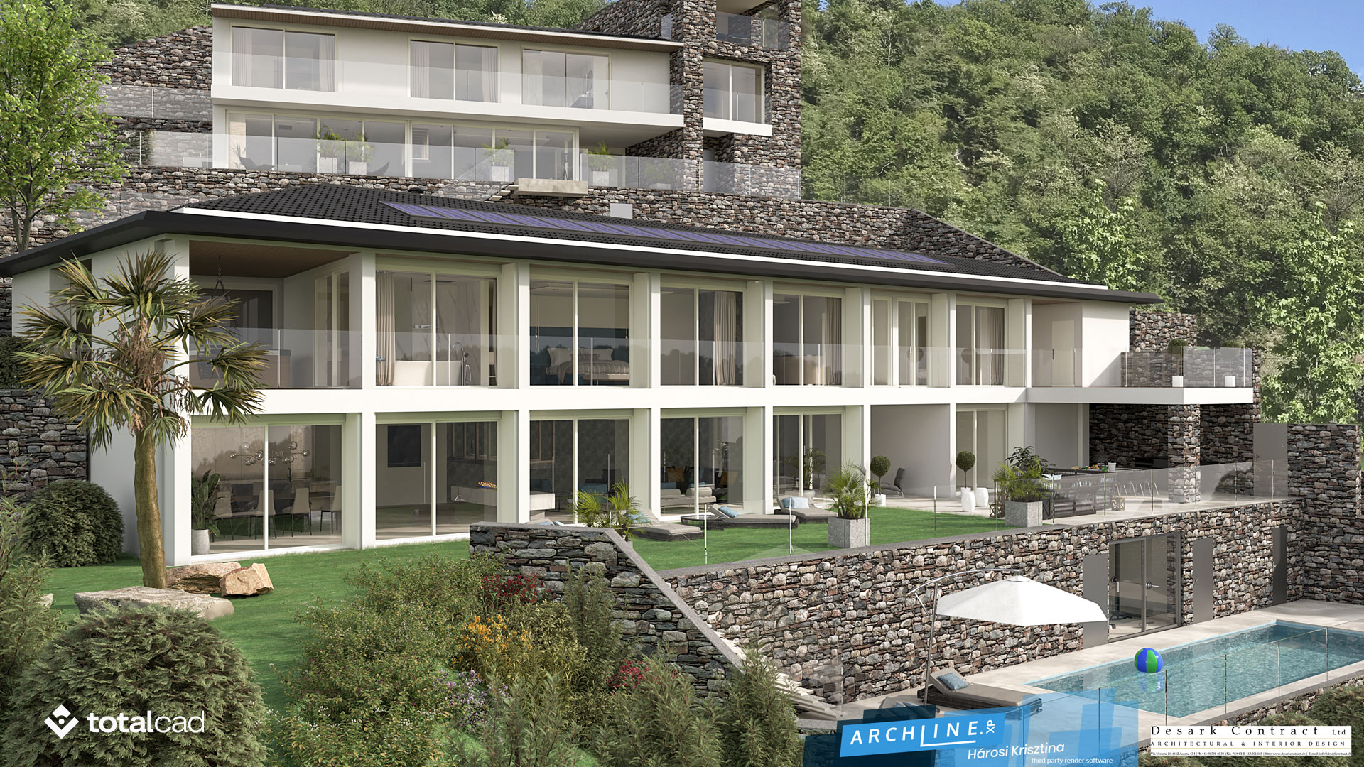 Render fotorrealista gerado com AI Render do ARCHLine.XP 2026 Professional — villa residencial com piscina e jardim