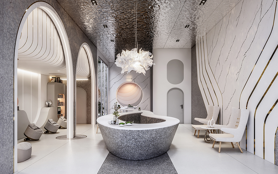 Render de interior de design moderno produzido no Enscape