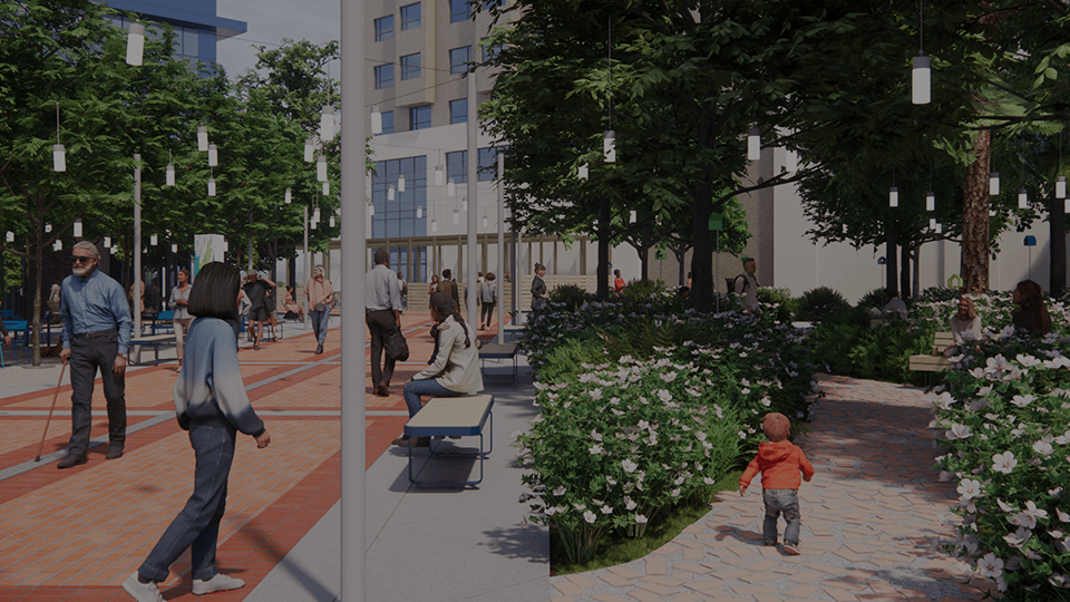 Render de praça e espaço urbano produzido em tempo real no Enscape
