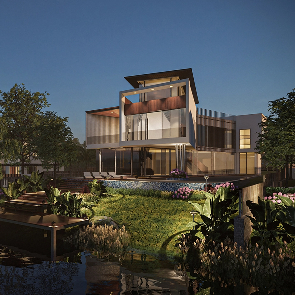 Render de villa à beira-rio modelada no SketchUp e renderizada no Enscape