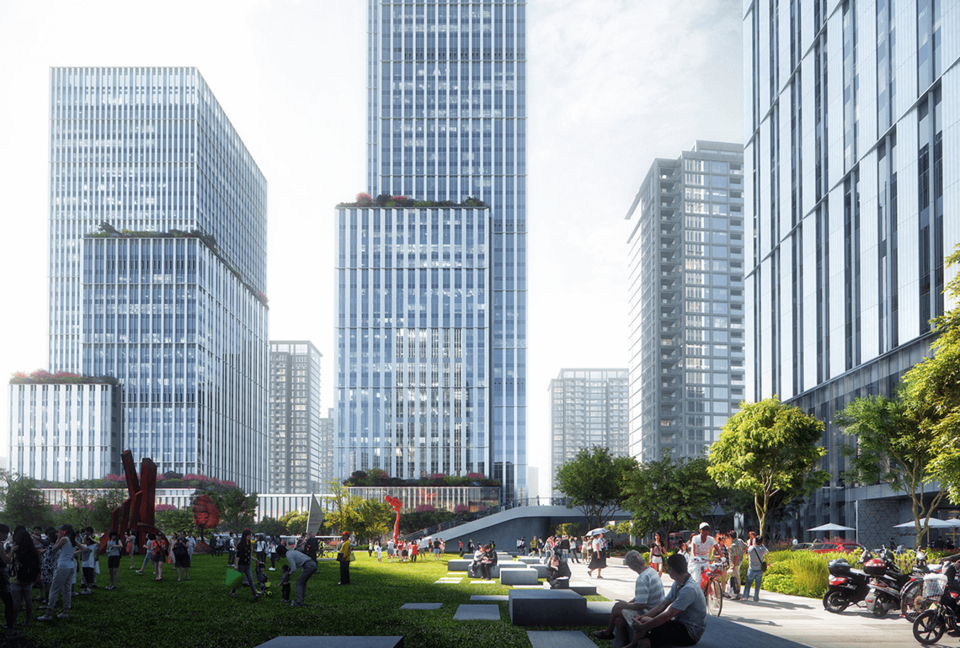 Render de conjunto urbano em grande escala produzido no V-Ray