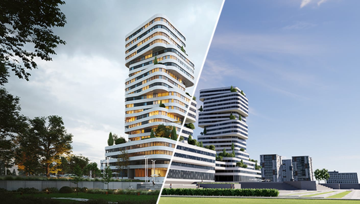 Render de estrutura exterior em grande escala criado com V-Ray