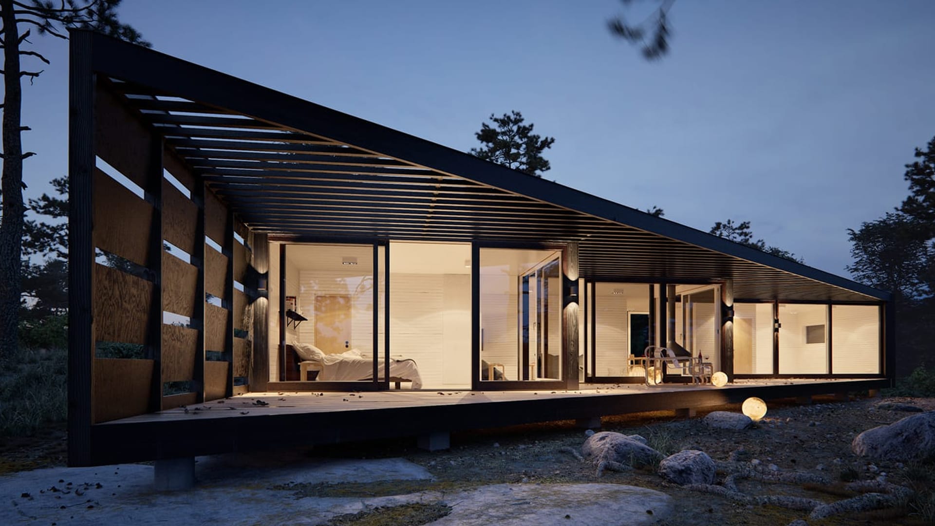 Render fotorrealista de residência ao entardecer criado com V-Ray