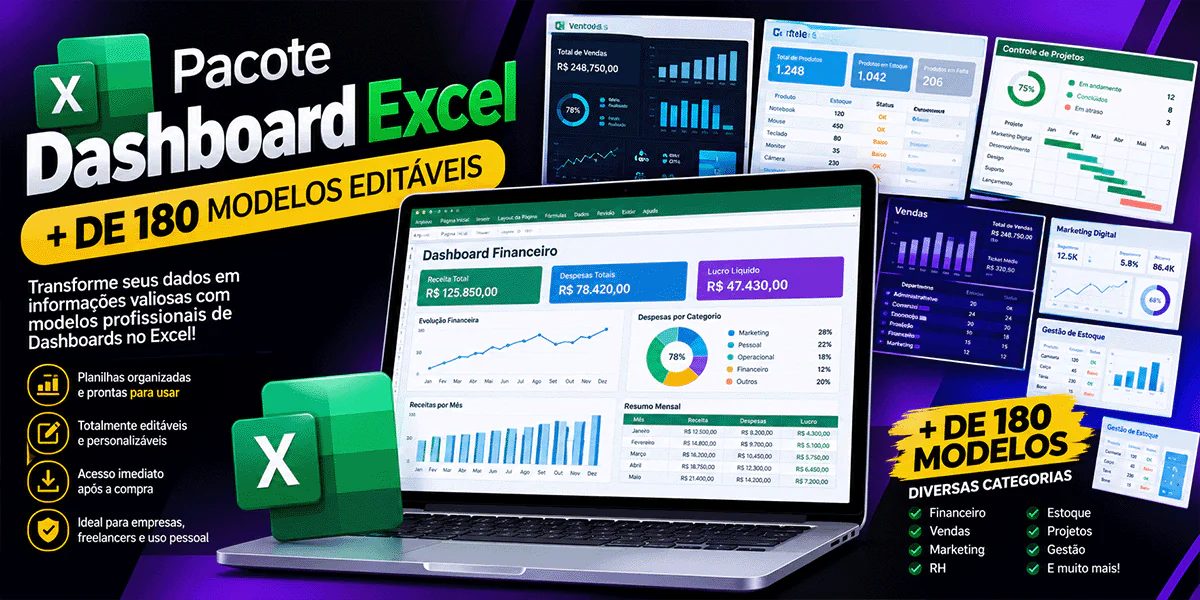 Pacote Dashboard Excel + Mais de 180 Modelos Editáveis Profissionais