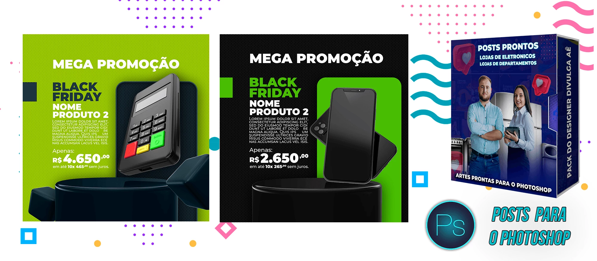 Mega Pack de Posts Prontos de Lojas de Departamento - Eletronicos e Vestuário no Photoshop