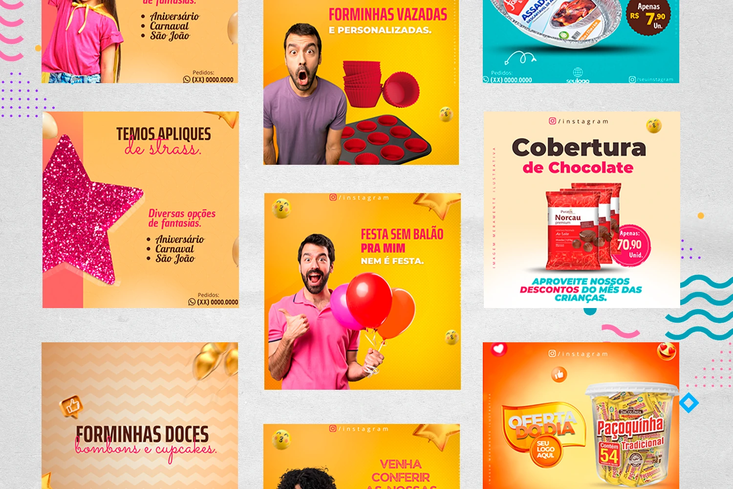 Kit de Social Media - Posts Prontos para Loja de decoração para Festas no Canva com Legendas
