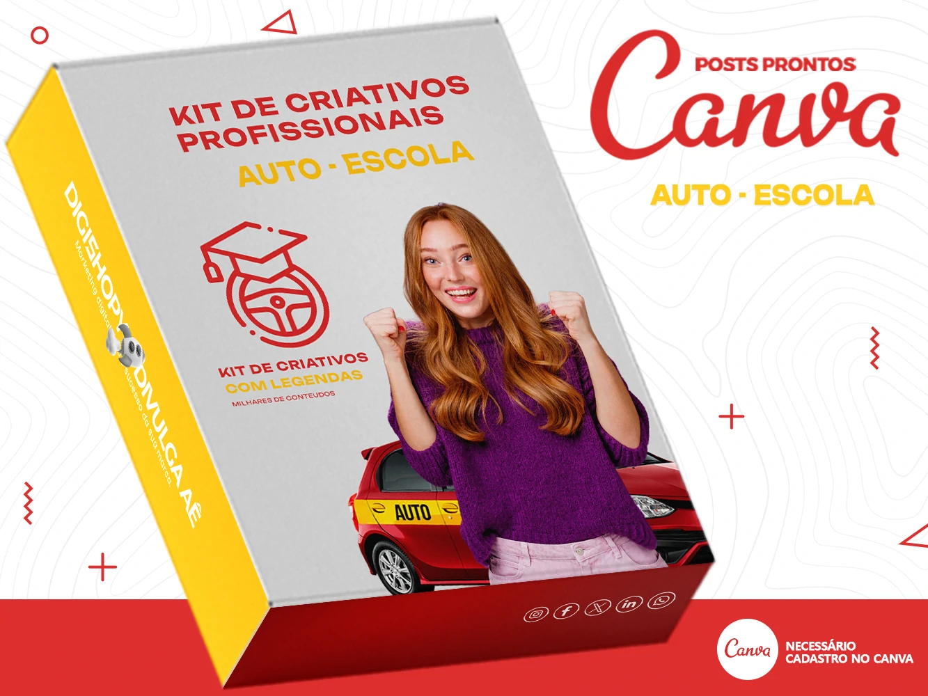 Kit de Social Media - Posts Prontos para Auto - Escola no Canva com Legendas