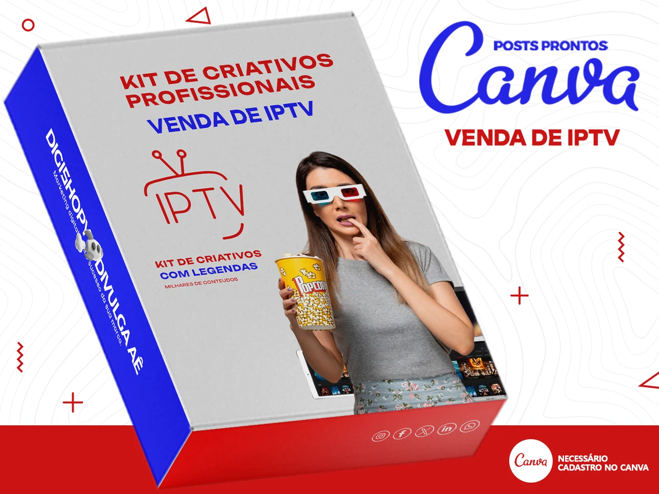 Kit de Social Media - Posts Prontos para Provedor de Iptv - Vendas de Canais de Tv no Canva com Leg