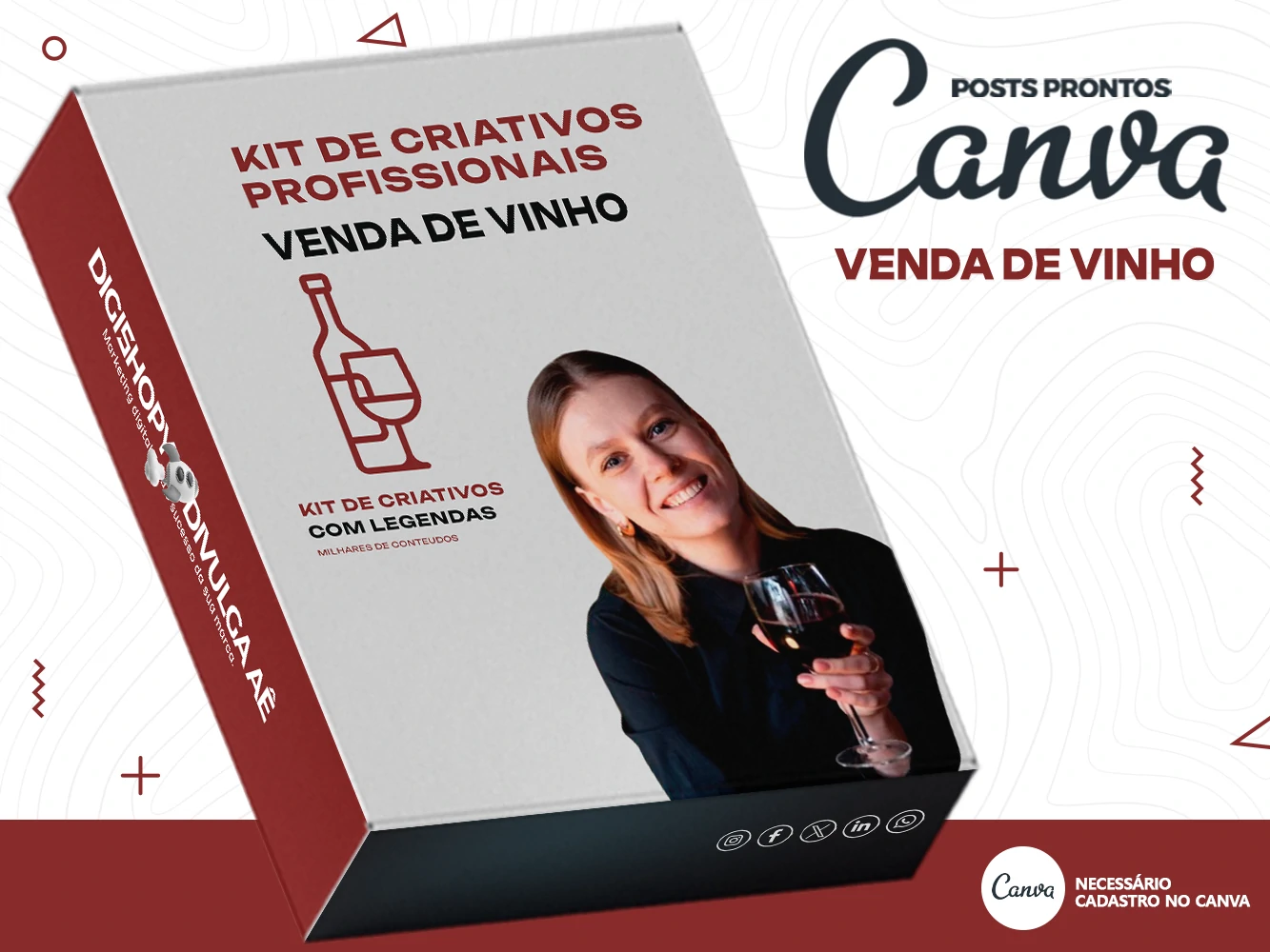 Kit de Social Media - Posts Prontos para Loja de Vinho no Canva com Legendas