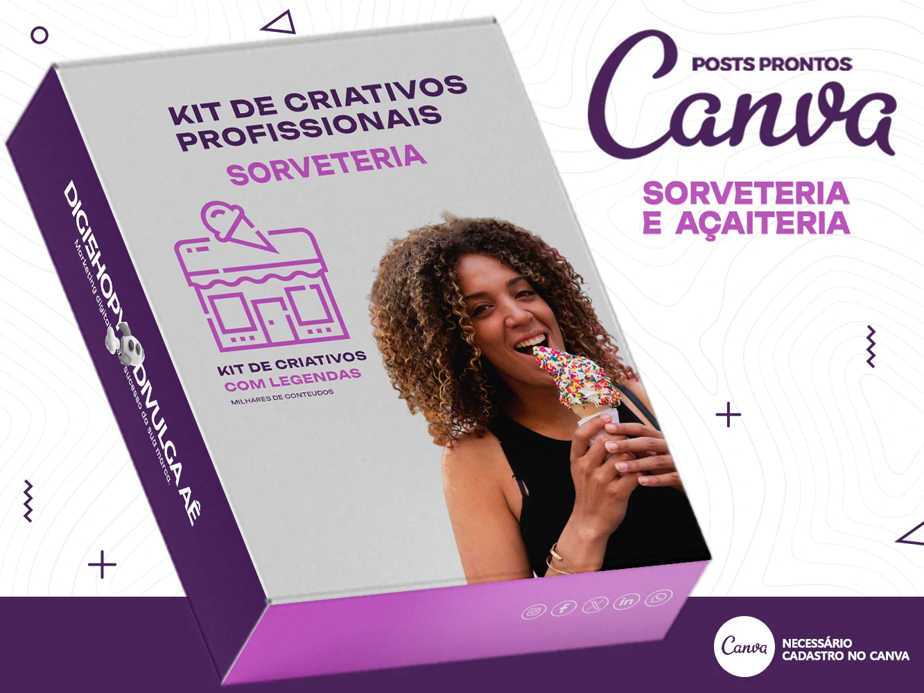 Kit de Social Media - Posts Prontos para Sorveteria - Açai no Canva com Legendas