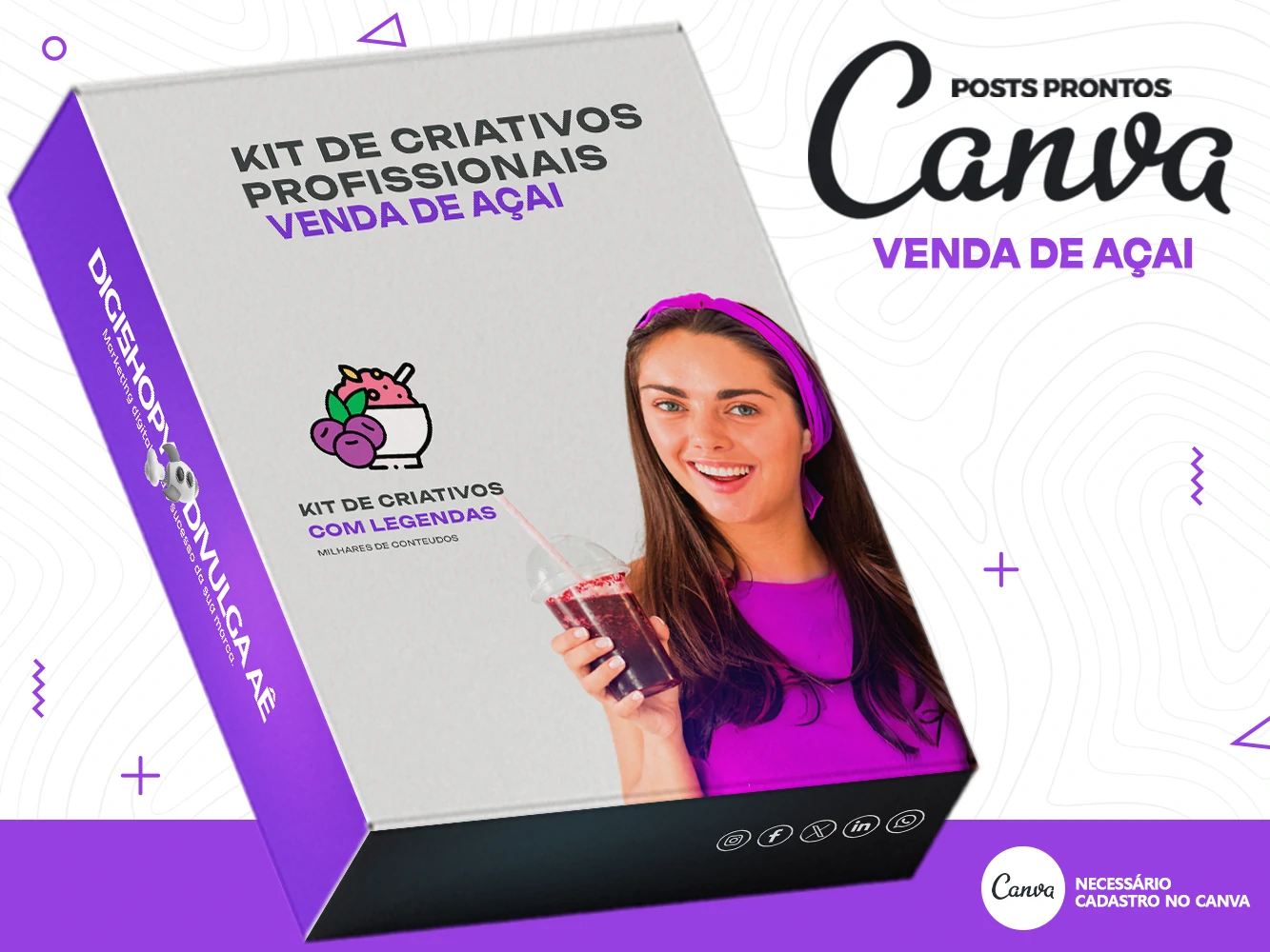 Kit de Social Media - Posts Prontos para Venda de Açai no Canva com Legendas