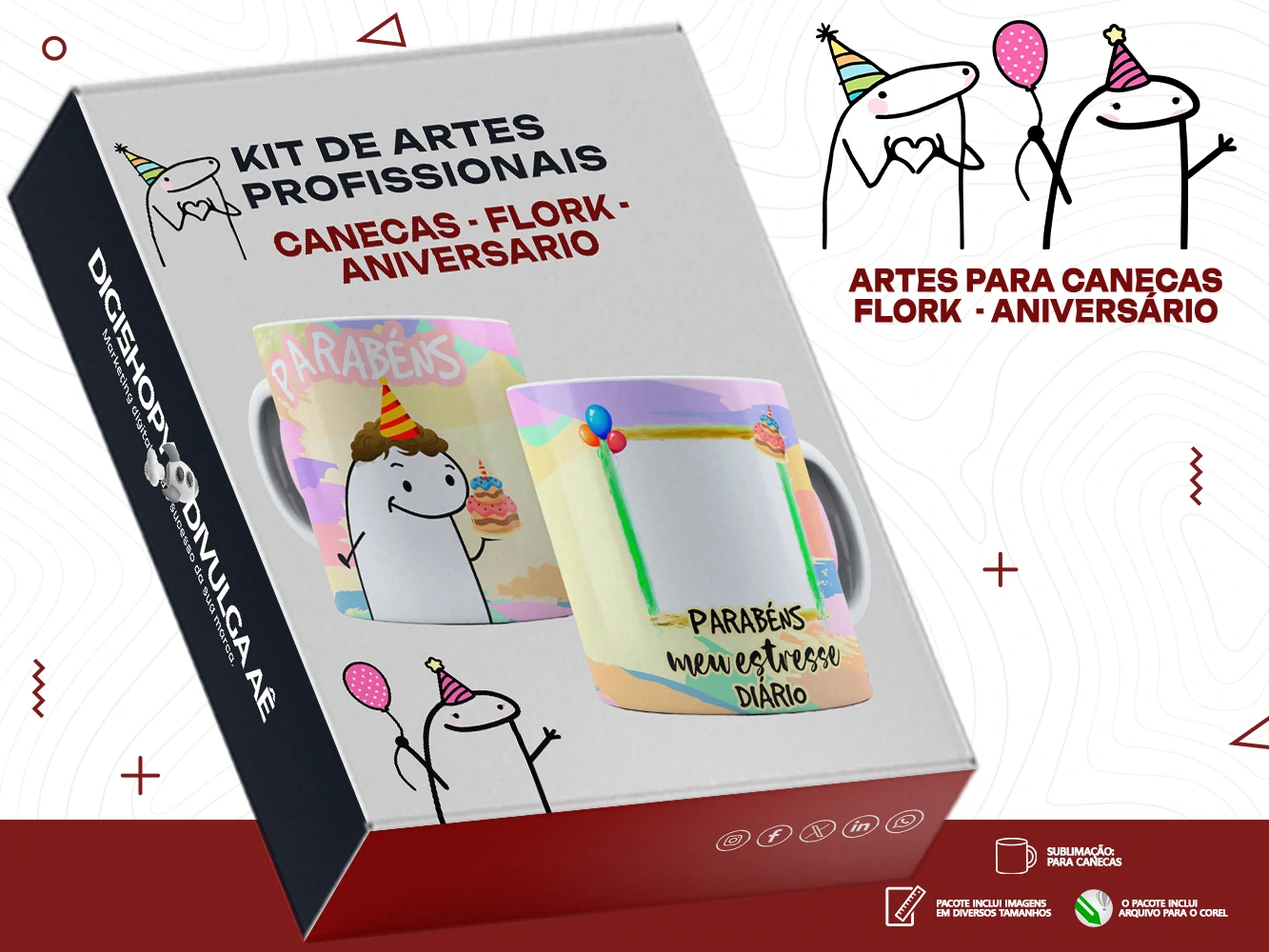 Kit de Artes para Canecas - Flork Aniversário + Brindes Especiais