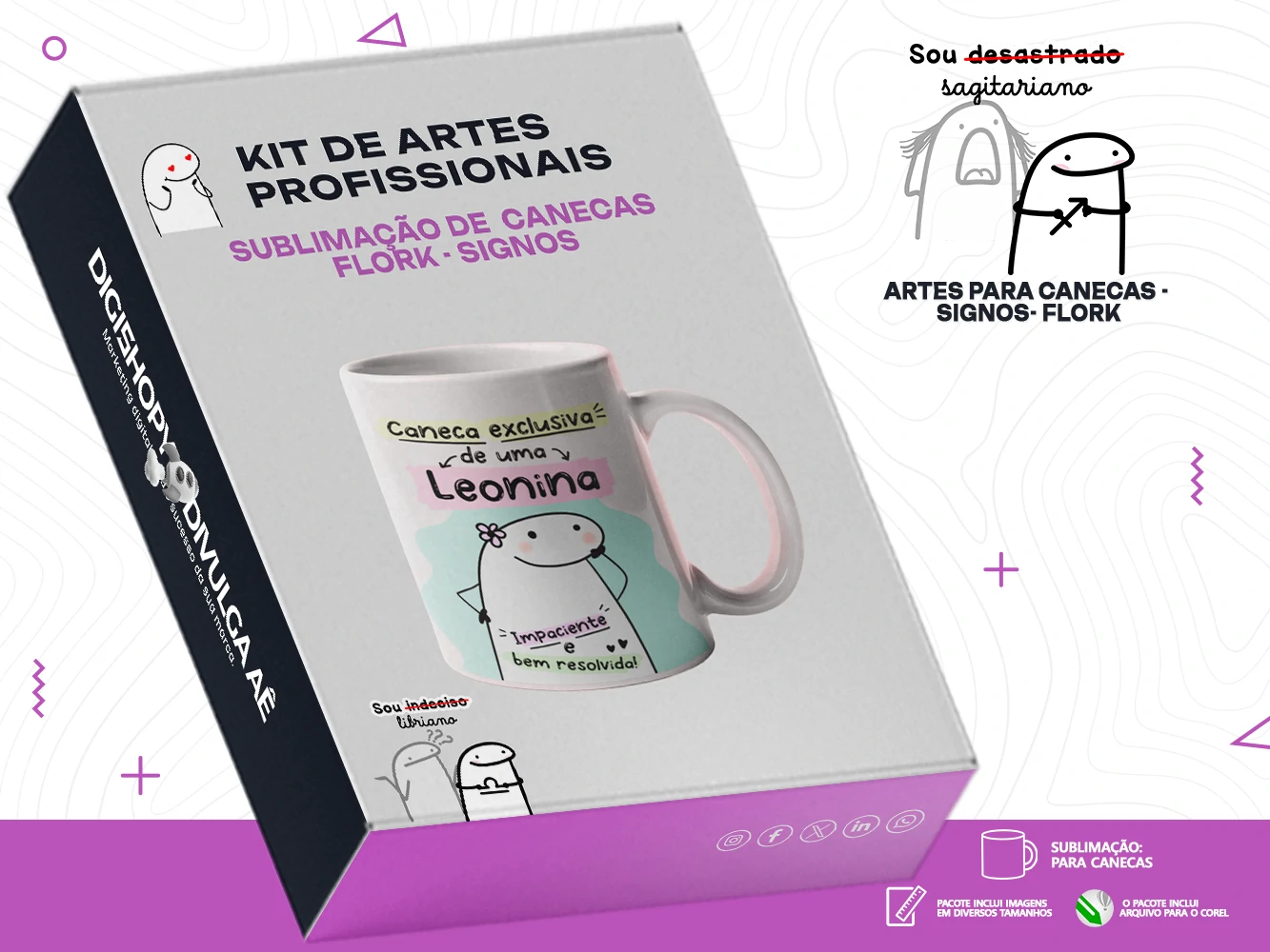 Kit de Artes para Canecas e Camisetas - Flork - Signos + Brinde Especial
