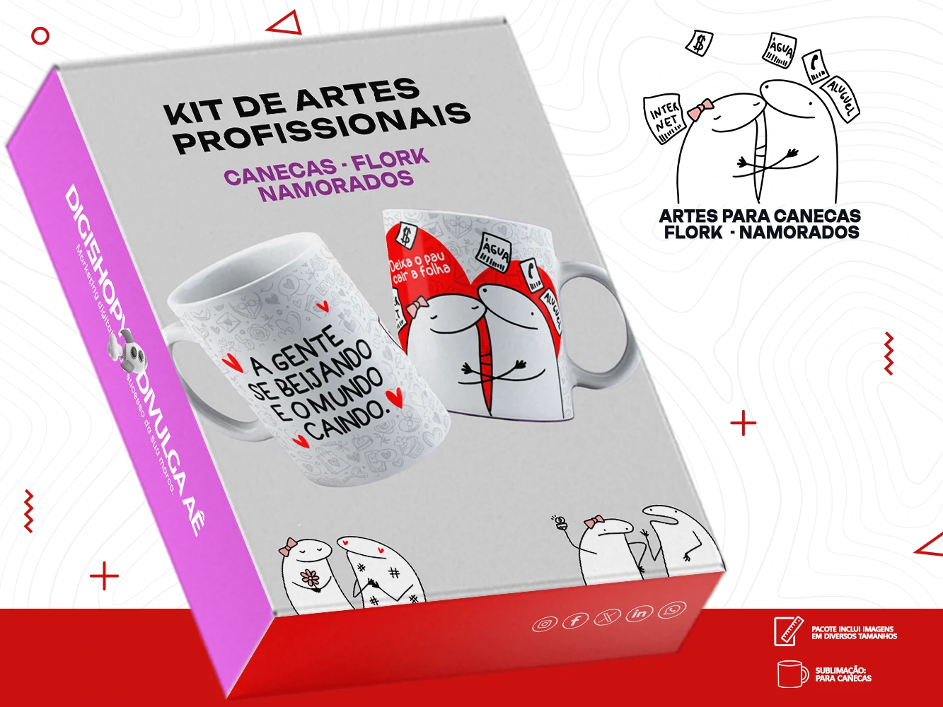 Kit de Artes para Canecas - Flork - Dia dos Namorados + Brinde Especial
