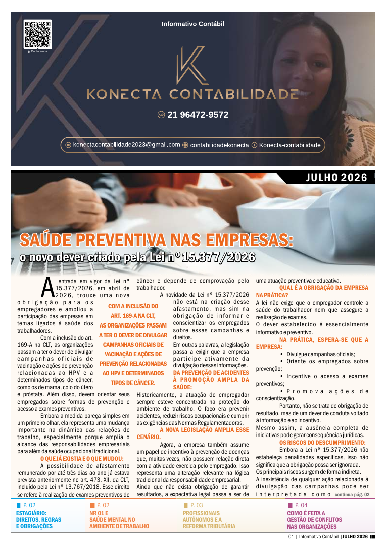Capa do Informativo Contábil Digital sobre saúde preventiva nas empresas e a Lei 15.377/2026