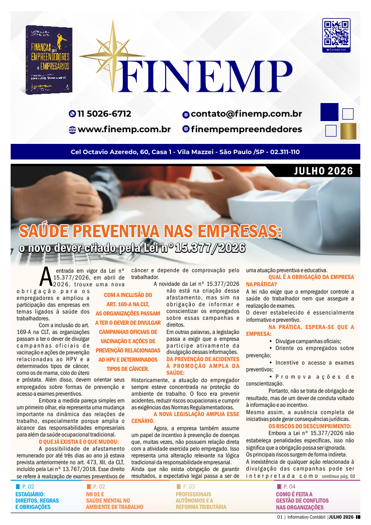 Capa do informativo contábil: Saúde preventiva nas empresas e a Lei nº 15.377/2026