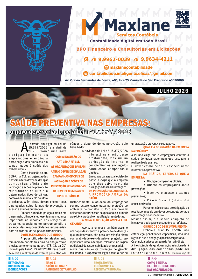 Capa do Informativo Contábil Digital: saúde preventiva nas empresas e a Lei nº 15.377/2026