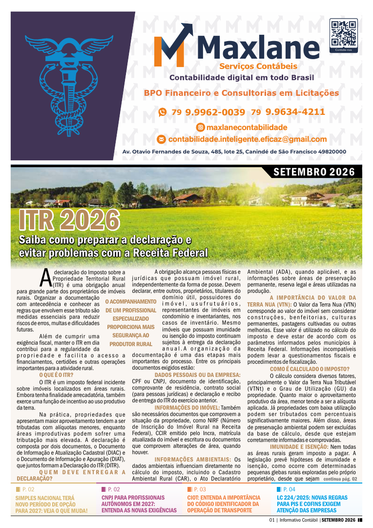 Capa do Informativo Contábil Digital: ITR 2026 — como preparar a declaração
