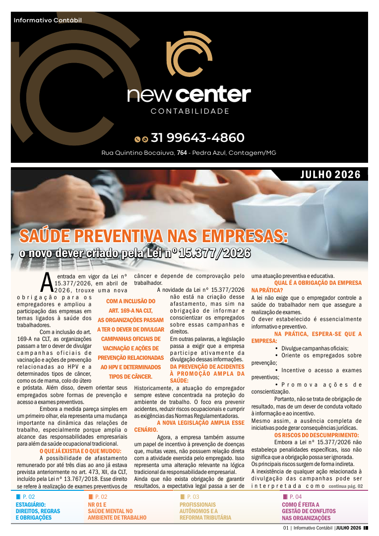 Capa do informativo: Saúde preventiva nas empresas e a Lei nº 15.377/2026