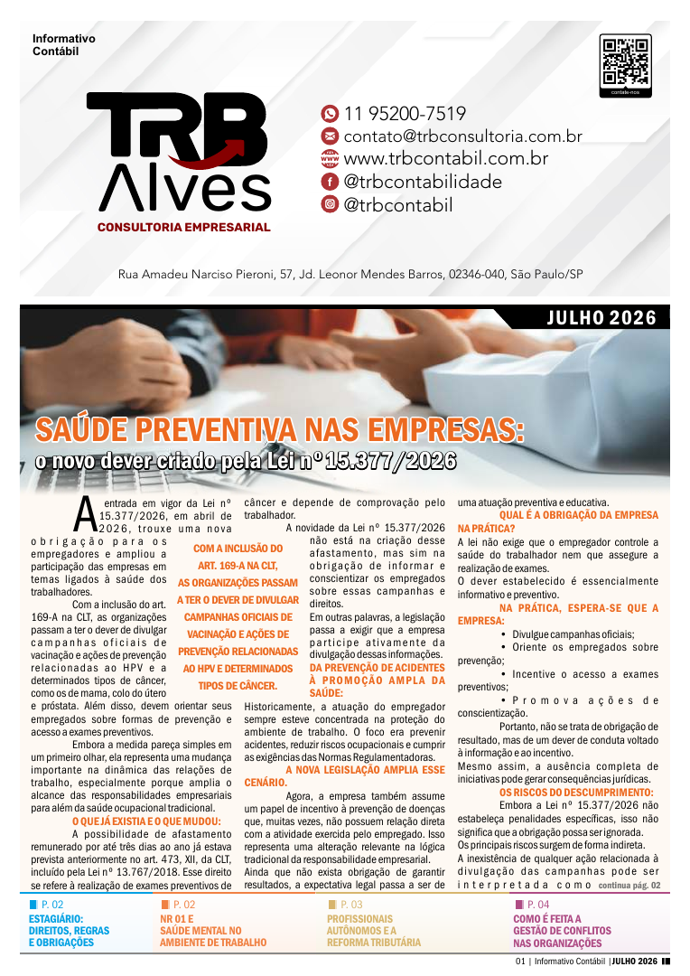 Capa do Informativo Contábil Digital: Saúde preventiva nas empresas e a Lei nº 15.377/2026