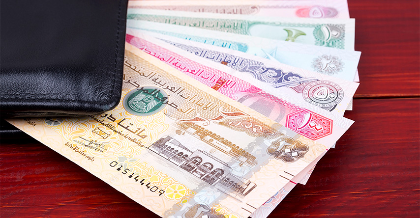 Carteira com várias notas de Dirhams dos Emirados Árabes Unidos
