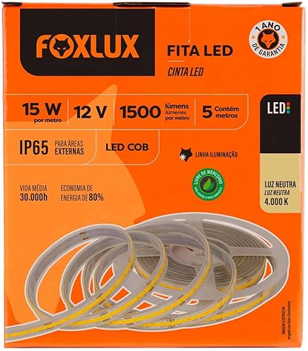 Fita LED COB Foxlux 15W 12V 3000k 5M Ip65