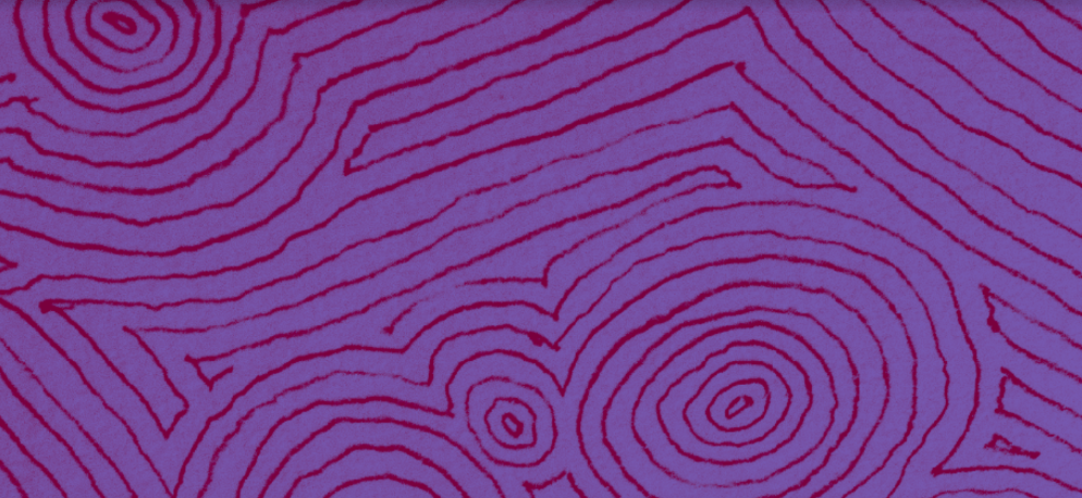 Padrões de impressão digital em cor vermelha, sobre um fundo roxo.