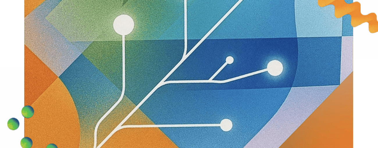 A imagem é uma ilustração abstrata e geométrica com textura levemente granulada, composta por blocos de cores sobrepostos em tons de azul, verde e laranja vibrante. No centro, destacam-se linhas brancas espessas que se ramificam a partir do canto inferior esquerdo, lembrando um circuito ou rede neural, em que cada ponta termina em um círculo branco luminoso. Quatro pequenas esferas verdes texturizadas flutuam à esquerda, enquanto uma fita ondulada laranja com efeito 3D aparece no canto superior direito. No canto inferior esquerdo, um pequeno selo indica o texto "Imagem gerada por Inteligência Artificial".