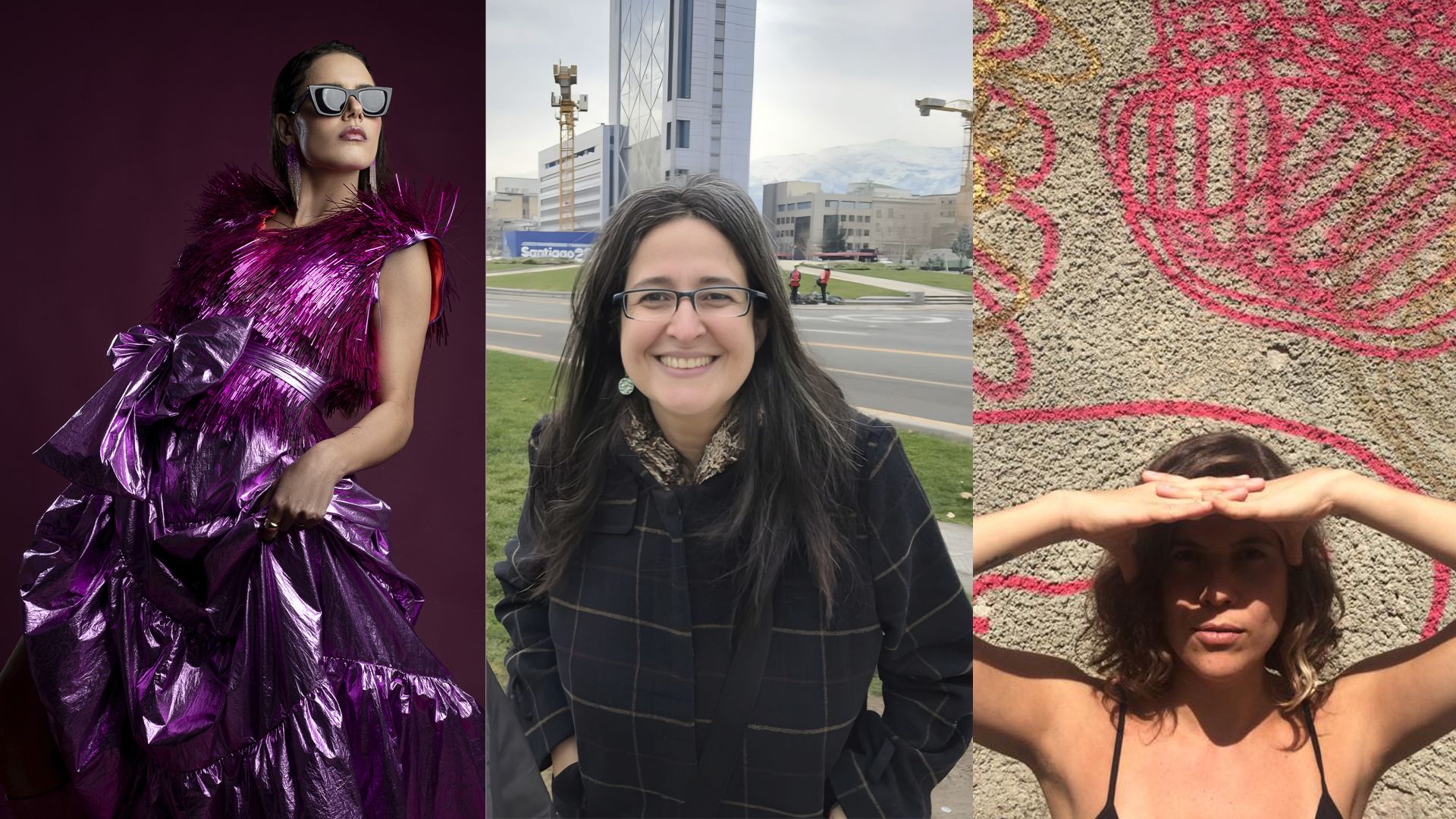 Composi&ccedil;&atilde;o horizontal dividida em tr&ecirc;s partes, apresentando tr&ecirc;s mulheres de pele clara. &Agrave; esquerda, Amanda Mittz posa com um vestido roxo met&aacute;lico volumoso e &oacute;culos escuros sobre fundo roxo. Ao centro, Anah&iacute; Guedes de &oacute;culos e casaco xadrez sorri em um cen&aacute;rio urbano com montanhas ao fundo. &Agrave; direita, Brisa Marquesencosta as m&atilde;os na testa, criando uma sombra nos olhos, &agrave; frente de uma parede texturizada com desenhos abstratos em rosa e amarelo. A montagem une diferentes estilos, do editorial de moda ao retrato cotidiano e art&iacute;stico