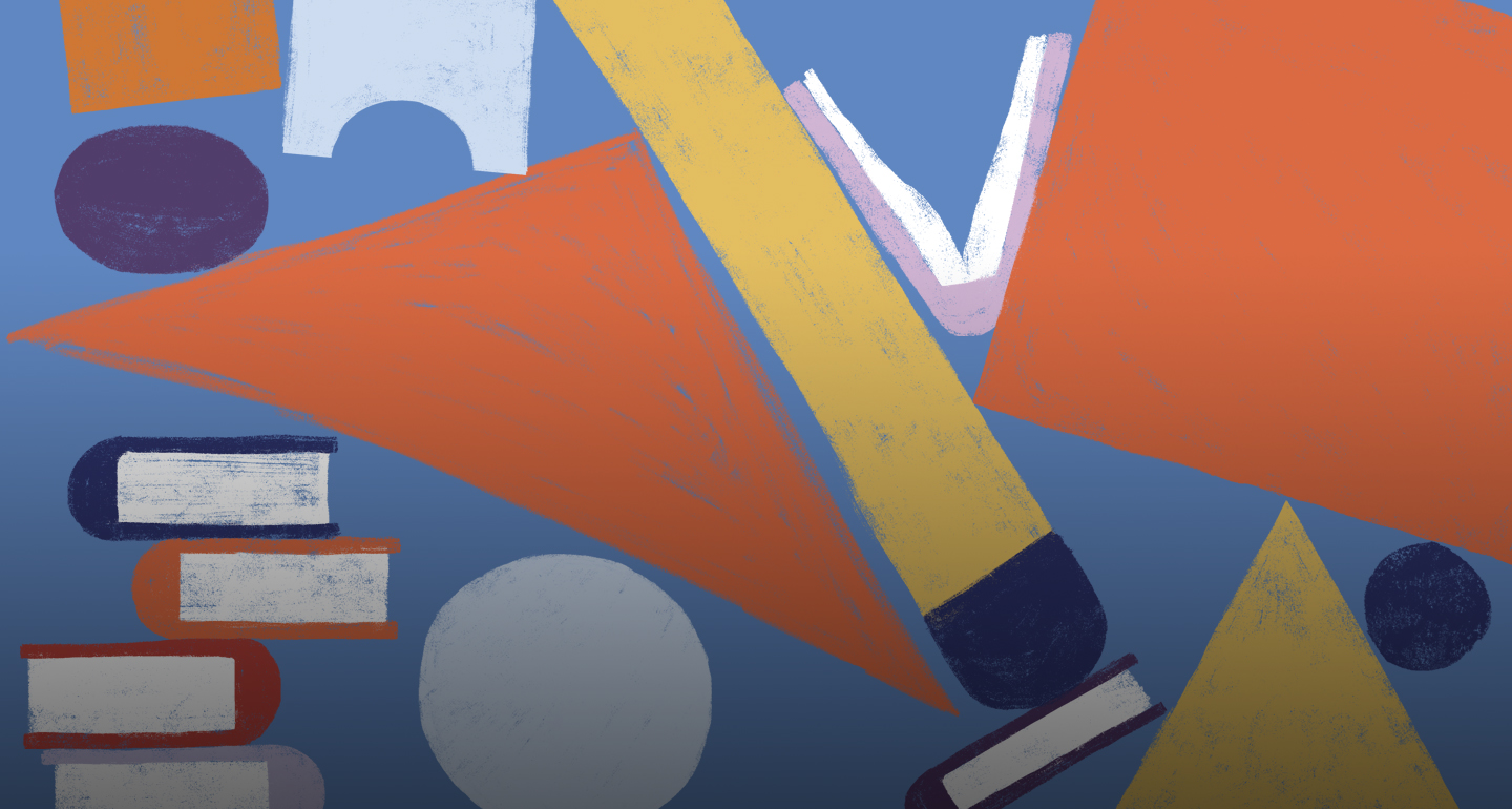 Ilustração digital abstrata com estilo de textura de giz ou giz de cera sobre um fundo azul com degradê. A composição apresenta diversas formas geométricas e elementos que remetem ao ambiente escolar dispersos de forma lúdica. À esquerda, há uma pilha vertical de quatro livros coloridos. No centro, destaca-se um grande triângulo laranja apontando para a esquerda e um retângulo amarelo inclinado, que atravessa a imagem na diagonal como um lápis. Há também círculos em tons de cinza e azul escuro, um quadrado laranja no canto superior direito e silhuetas brancas que sugerem papéis ou blocos de montar.
