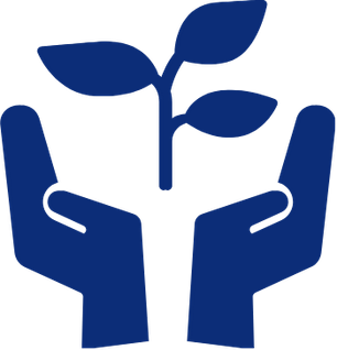 Ícone azul escuro com duas mãos segurando uma galho de planta