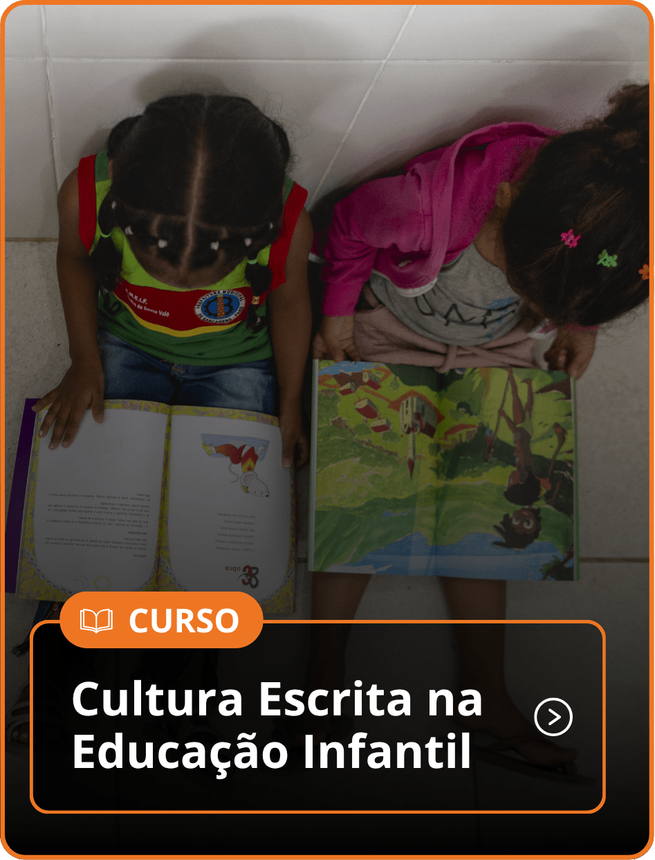 Card com uma imagem de vista superior de duas meninas lendo livros infantis e o texto: Cultura Escrita na Educação Infantil