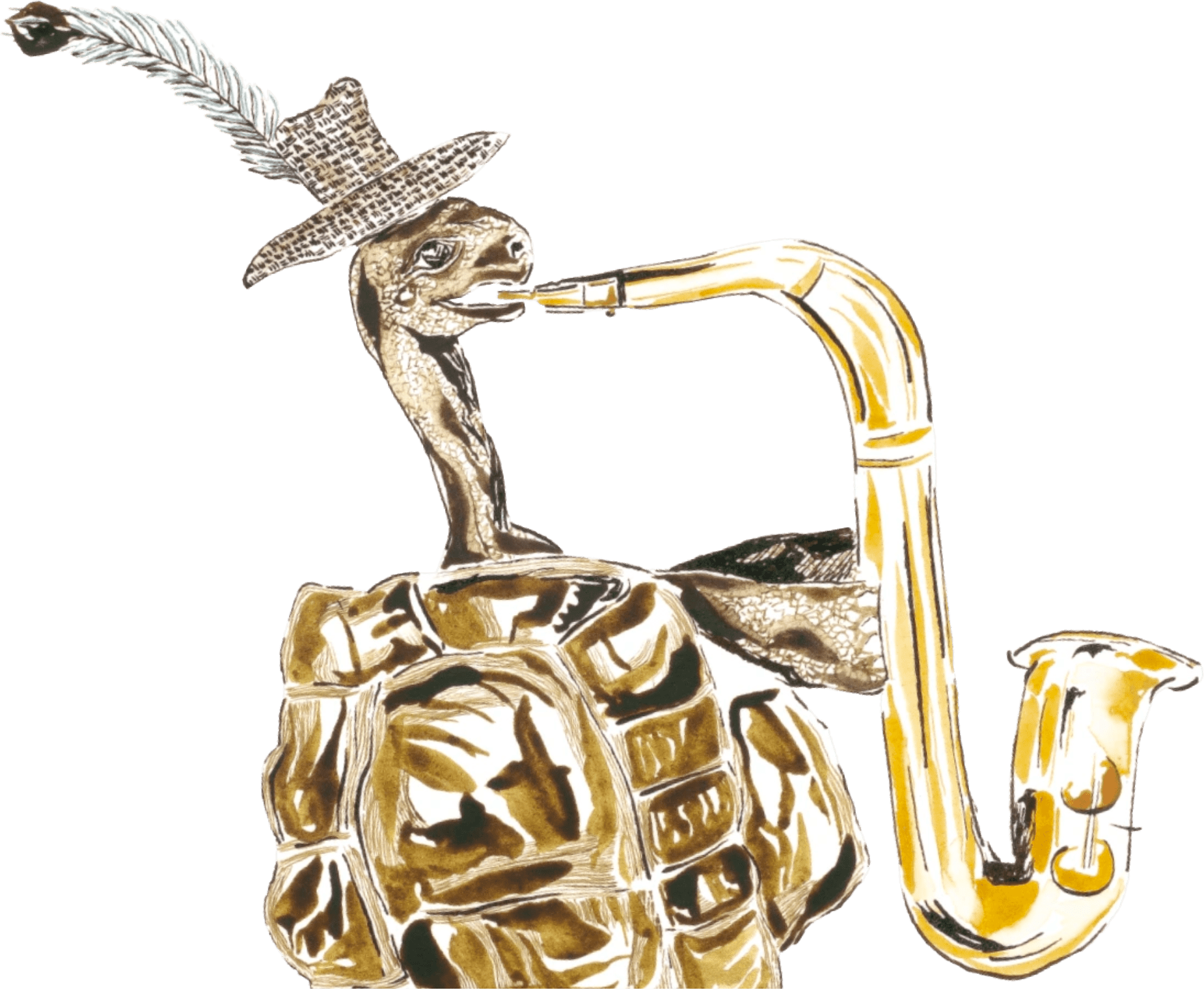 Ilustração de um jabuti tocando um sax e usando um chapéu